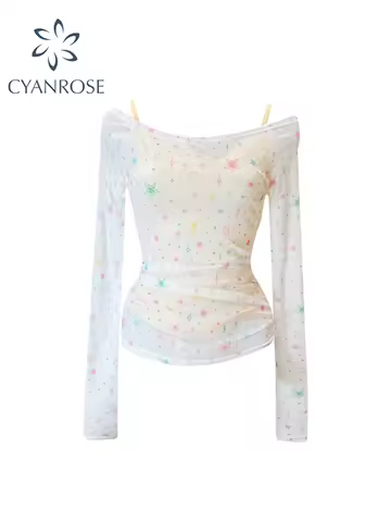 Women White Star Print T-shirt Harajuku Korean Y2k Tee Top 90s Aesthetic 2000s Fashion Vintage Slim 