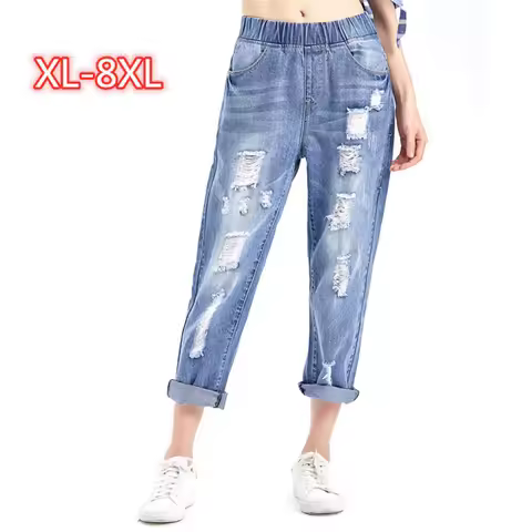8XL Summer Ripped Boyfriend Jeans Women Fashion High Waist Stretch Denim Harem Pants Ladies Pantalon