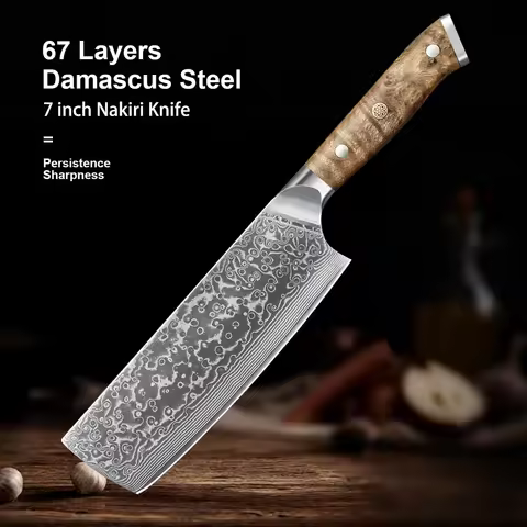 7 inch Kitchen Chef Knife Nakiri Knife Damascus Steel 67 Layers Sharp Natural Burl wood Handle Handm