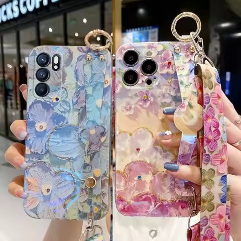 Luxury IMD Flower Wristband Strap Case For OPPO Reno 6 7 10 11 pro A79 A78 A96 Cover Realme Note50 C