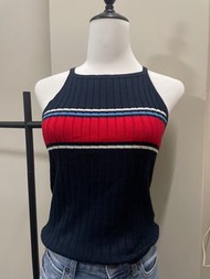 H&M 針織直坑條深藍色削肩上衣 H&M dark blue knitted tops