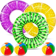 6 Pack Pool Floats Kids, 3 Pcs Inflatable Fruits Swim Tubes Rings & 3 Pcs Rainbow Beach Ball Bulk, S
