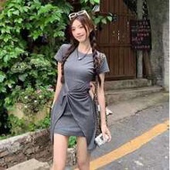 [Y6Y]Asymmetrical Small Round Neck Twist Short Sleeve Dress, Summer Casual Gray 2 In 1 Design Waist-