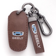 Leather Car Key Case Cover Protector Zinc Alloy Keychain For Proton X50 X70 Geely Coolray Okavango Atlas Tugella Emgrand GT GS Smart Keyless Remote Fob Holder Shell