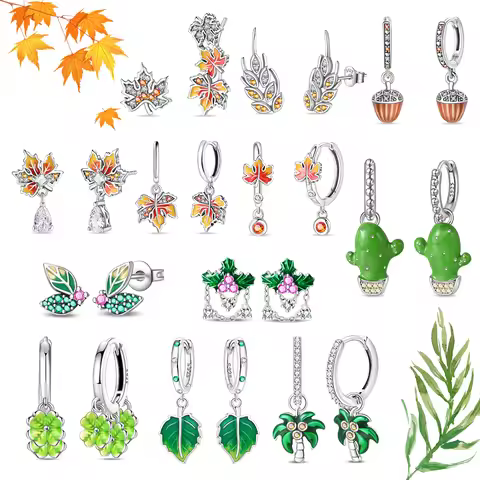 Plant Series 925 Sterling Silver Maple Leaf Green Leaf Coconut Tree Cactus Hazelnut Earrings Exquisi