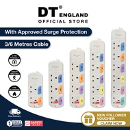 DT England 3/6 Metres Extension Socket Cord , Approved Surge Protection , Safety Mark ( 3 Metre )