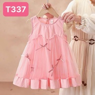- T337 Pink dress Sleeveless Fluffy 2-layer bow lace for little girls