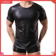 ruimu Club Wear Costume Faux Leather Smooth Slim Round Neck Men Undershirt for Stage Show Great Men 