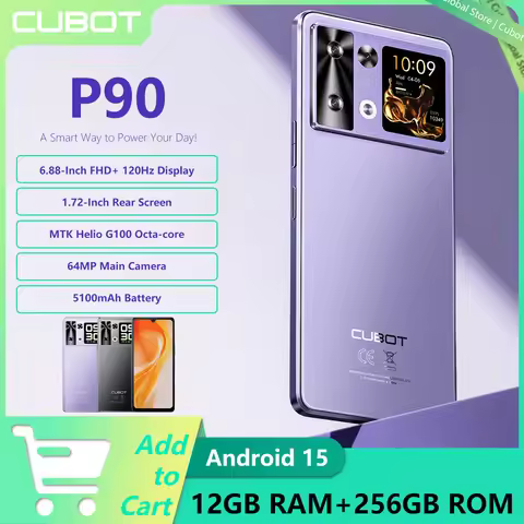 2025 NEW CUBOT P90 Android 15 Smartphone 6.88" 120Hz Display Helio G100 4G 12GB RAM+256GB ROM 1.72" 