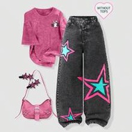 1pc Tween Girls Y2K Streetwear Straight Leg Jeans, Distressed Black & Gray Denim, Colorblock Star Pr