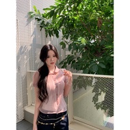 HRG STYLE | เสื้อแขนสั้นคอปีเตอร์แพนรัดเอวสีชมพูแบบฝรั่งเศส