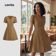 Lovito Elegant Dress Button Spring/summer Khaki Dress for Women L150AD726 Lovito Pakaian Elegan Buta