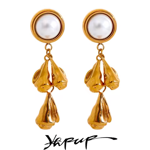 Yhpup Vintage Stainless Steel Metal Flower Drop Dangle Earrings Fashion Imitation Pearl Temperament 