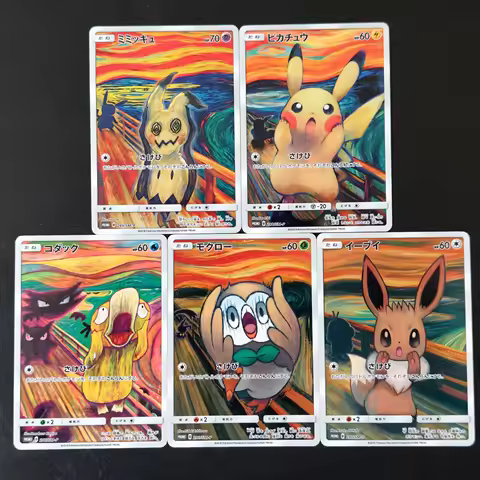 5Pcs Japanese Version Pikachu Mimikyu Psyduck Eevee Munch Scream Collection Cards DIY TCG Pokemon Mo