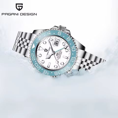 PAGANI DESIGN Luxury Ice Blue GMT Mechanical Watch Ceramic Bezel Sapphire Glass 10Bar Waterproof Dua