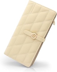 Women's Long Format PU Leather Purse with Zip Coin Compartment Wallet and Many Compartments, Apricot