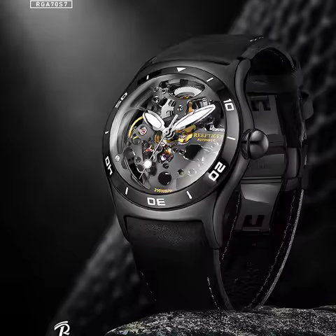 Reef Tiger Men's Luxury Skeleton Automatic Mechanical Watch Stainless Steel Sport Leather Strap Wate