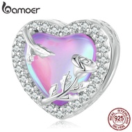 BAMOER ลูกปัดกุหลาบแก้วสีชมพูจี้เงินแท้925สำหรับผู้หญิงสร้อยข้อมือสร้อยคอเครื่องประดับแฟชั่น DIY BSC