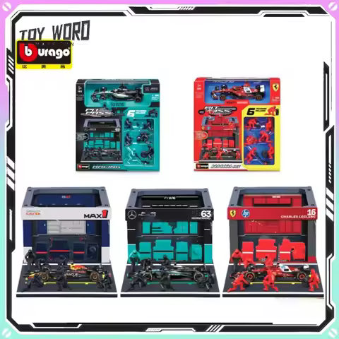 Bburago 1/43 Scale F1 Formula Racing Car Ferrari Mercedes Red Bull RB21 Pit Stop Garage Scene Set Co