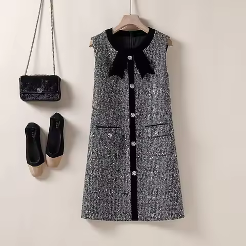 BESTBAFU Autumn Luxury Sequin Tweed Dress Women Elegant Bow Patchwork A-Line Dresses Sleeveless Sing