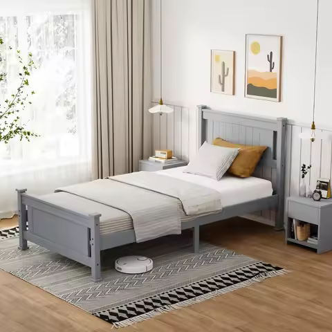 Twin Bed Frame Wood Platform Bed Frame Single Panel Bed with Headboard, No Box Spring Needed Panel B