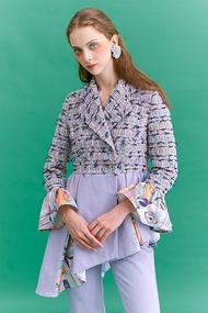 藍色小香風毛呢斜擺西裝外套