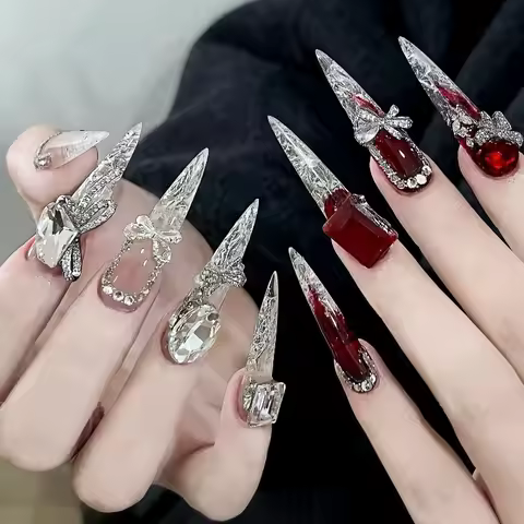 10 Pieces Ice Fire Glaze Thin Long Handmade Press On Nails Luxury Ice Transparent Red Full Diamonds 