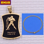Aquarius - Aquarius gold stainless steel pendant with stainless steel chain necklace + stainless ste