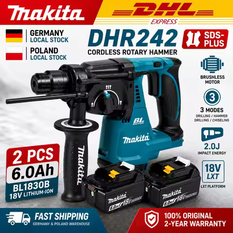 Original Makita DHR242 18V Brushless Rotary Hammer Drill with Makita 6.0Ah Battery & Fast Charger, 2