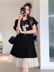 Kích Thước Cực Lớn Mùa Hè Phong Cách Mới Nữ Đầm Vải Voan Nối Rộng Rãi Áo Thun Ngắn Tay Đầm Trang Trí