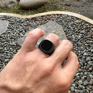 Cincin Kotak Semi Bulat Batu Hitam Stainless Premium 16mm - Statement Ring Titanium Steel Import Bla