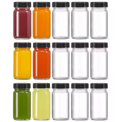 2 oz Empty Glass Shot Mini Bottles Lids - Small Clear Jar for Ginger, Wellness Shot, Juice, Sample, 