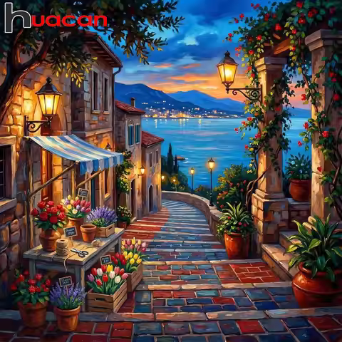Huacan 5D DIY Diamond Painting Evening Seaside City Diamond Mosaic Landscape New 2026 Decorative Pai