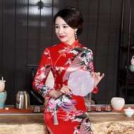 Long Sleeve cheongsam dress peacock silk plus size retro 2024 Chinese dress cheongsam Muslimah qipao