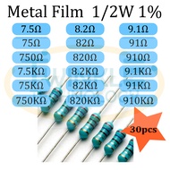 Resistor 0.5W Metal Film 7.5,8.2,9.1,75,82,91,750,820,910,7.5K,8.2K,9.1K,750K,820K,910K ohm 1/2W 1% 