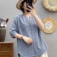 MUJI MUJI ฤดูร้อนผ้าฝ้ายเส้นด้ายเสื้อแฟชั่นตัดอายุแสดงผอมผู้หญิงเสื้อพันนกบวกขนาดคาร์ดิแกนแขนกลางยืน