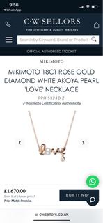 MIKIMOTO 18CT ROSE GOLD DIAMOND WHITE AKOYA PEARL 'LOVE' NECKLACE