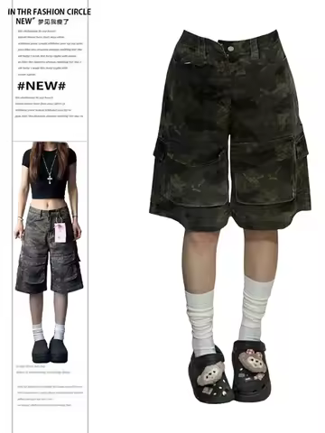 Summer Women Goblin Core Camouflage Jorts Abi Y2K 2000s Knee Length Denim Shorts Japanese Harajuku G