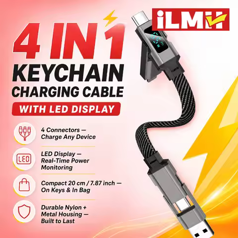 iLMH Keychain Charging Cable, 4 In 1 USB C Multi Charging Cable with Digital Display, Portable Fast