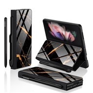 ✌♗ For Samsung Galaxy Z Fold 3 Case S Pen Holder Leather Tempered Glass Flip Cover For Galaxy Z Fold3 (No S Pen)