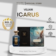 VELIXIR ICARUS perfume bottle with dark blue glass and gold cap black box and illustrated card. No.1