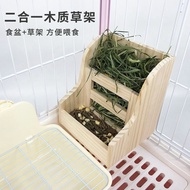 Two-In-One Wooden Hay Rack Rabbit Feeder Dish Box Fixed Pet Guinea Pig Chinchilla Hay Stand Feeding 
