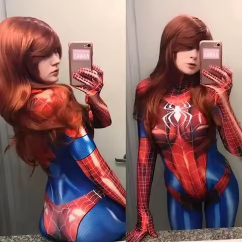 ☀☾◐Halloween Adults MJ Spider Cosplay Costume Female Woman Mary Jane Watson Zentai Bodysuit☀☾◐