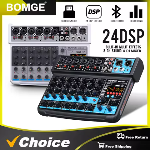 BOMGE 8 channel mini audio mixer Line Mixer ，DC 5V，Bluetooth,48V ,24DSP effects for Small Clubs or B