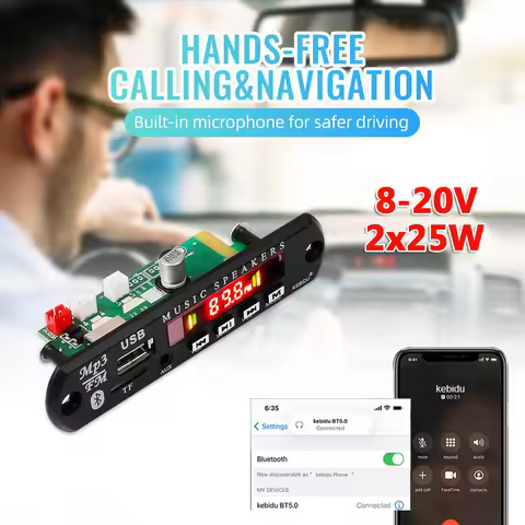 12V Car Radio Module 2x25W Stereo Bluetooth 5.0 MP3 Decoder Board 8-20V 50W Amplifier Handsfree Supp