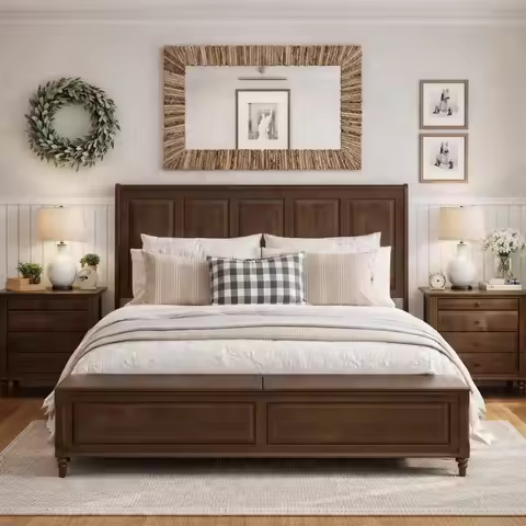 Tall King Size Bed Frame, Farmhouse King Bed Frame with Storage Bench, Soild Wood Antique Bed Frame 