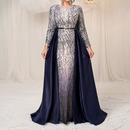 Plus Size Long Sleeves Sequins Belted Satin Elegant Glamorous Wedding Women Dress Dinner Women Party