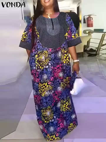 Plus Size Women Long Dress 2024 VONDA Vintage Half Sleeve Floral Printing Robes Maxi Dress Loose Ove