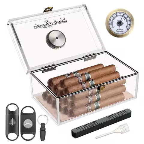 Scotte Cigar Case Humidors Acrylic Cigar Box Hygrometer Humidifier Hold 20 Cigars Include Cigar Cutt
