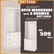 Open Wardrobe with 3 Drawer Soft Close / Open Wardrobe Bedroom Storage Cabinet / Almari Baju